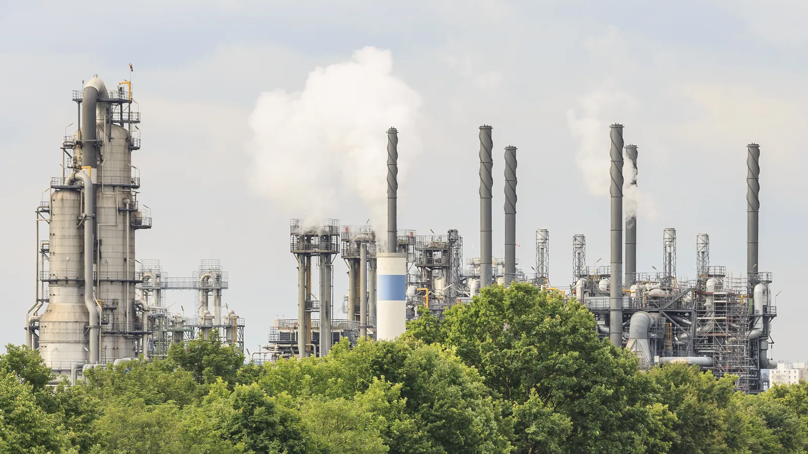 Chemical plant buildings and piping at an industrial site in Wesseling, Germany