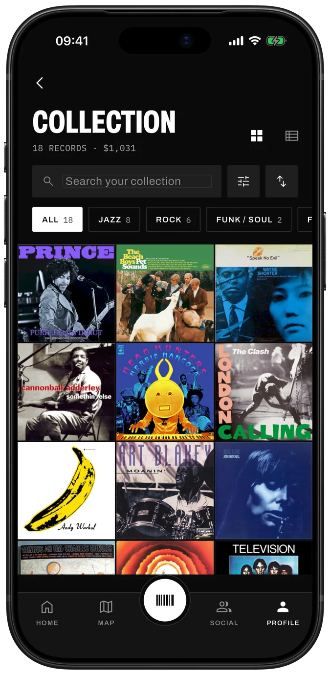 Collection screen in Sleevewise: 18 records worth $1,031 as a cover wall, with search and genre filters