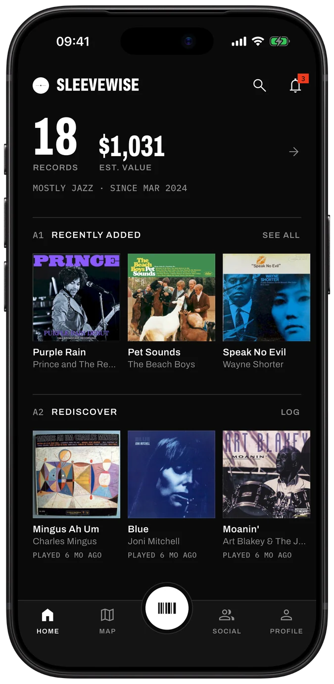Sleevewise home screen: a collection of 18 records worth $1,031, recently added records and records to rediscover