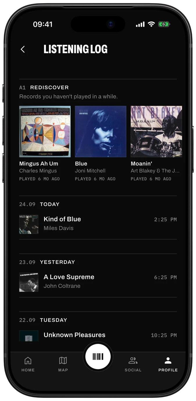 Listening log in Sleevewise: the records played recently, with dates