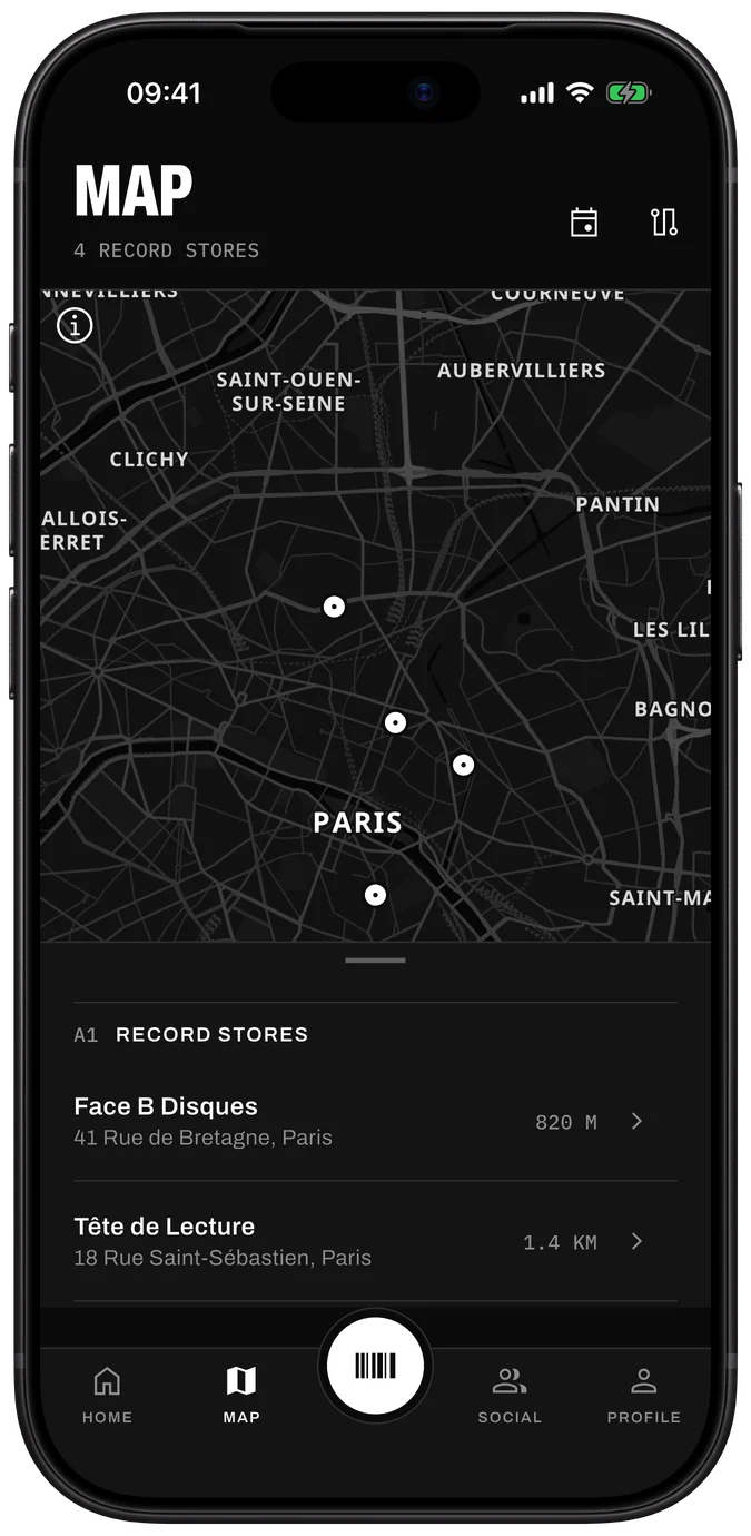 Record store map in Sleevewise showing record shops nearby