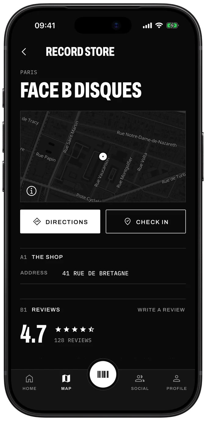 Record store page in Sleevewise: a Paris record shop with its map, directions, check-in and reviews