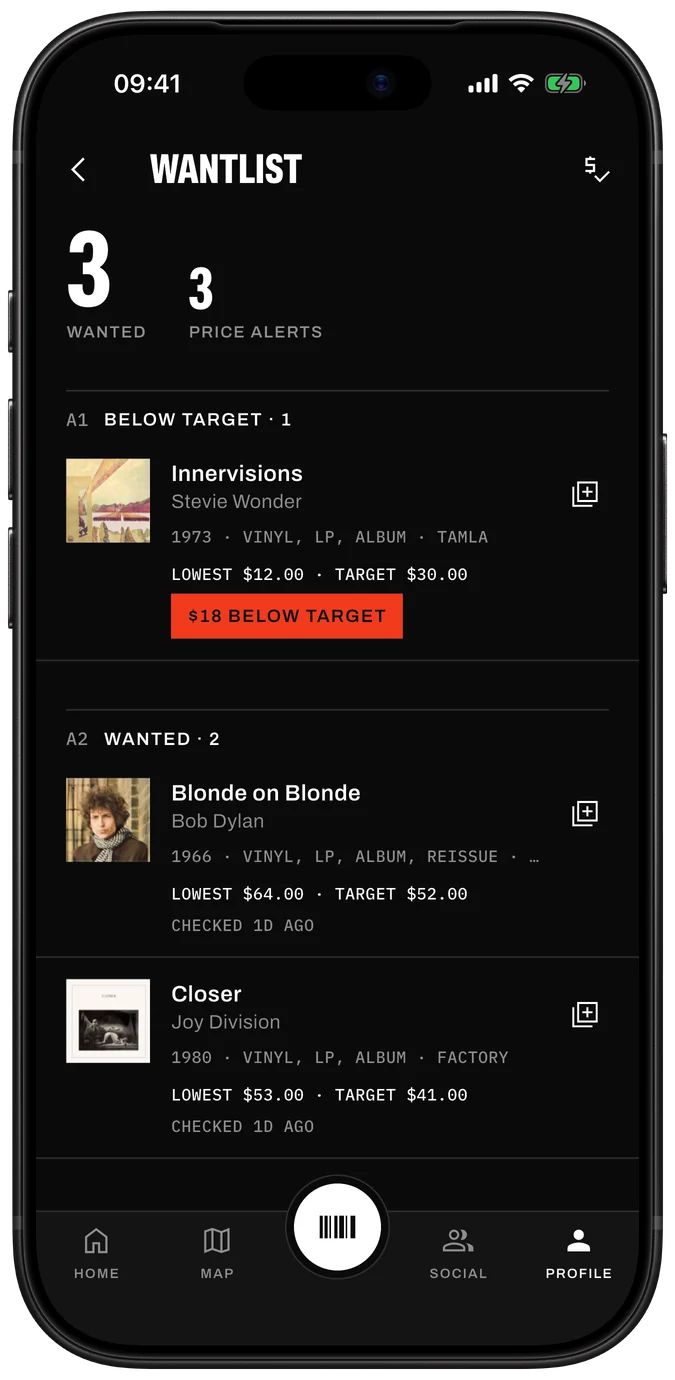 Wantlist in Sleevewise: target prices, with one record listed $18 below its target