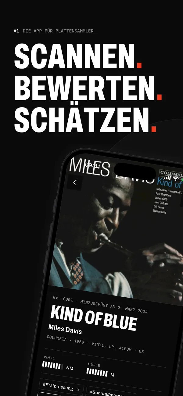Eine Plattenseite in Sleevewise: Kind of Blue von Miles Davis, Columbia, 1959, bewertet mit NM für die Platte und M für die Hülle