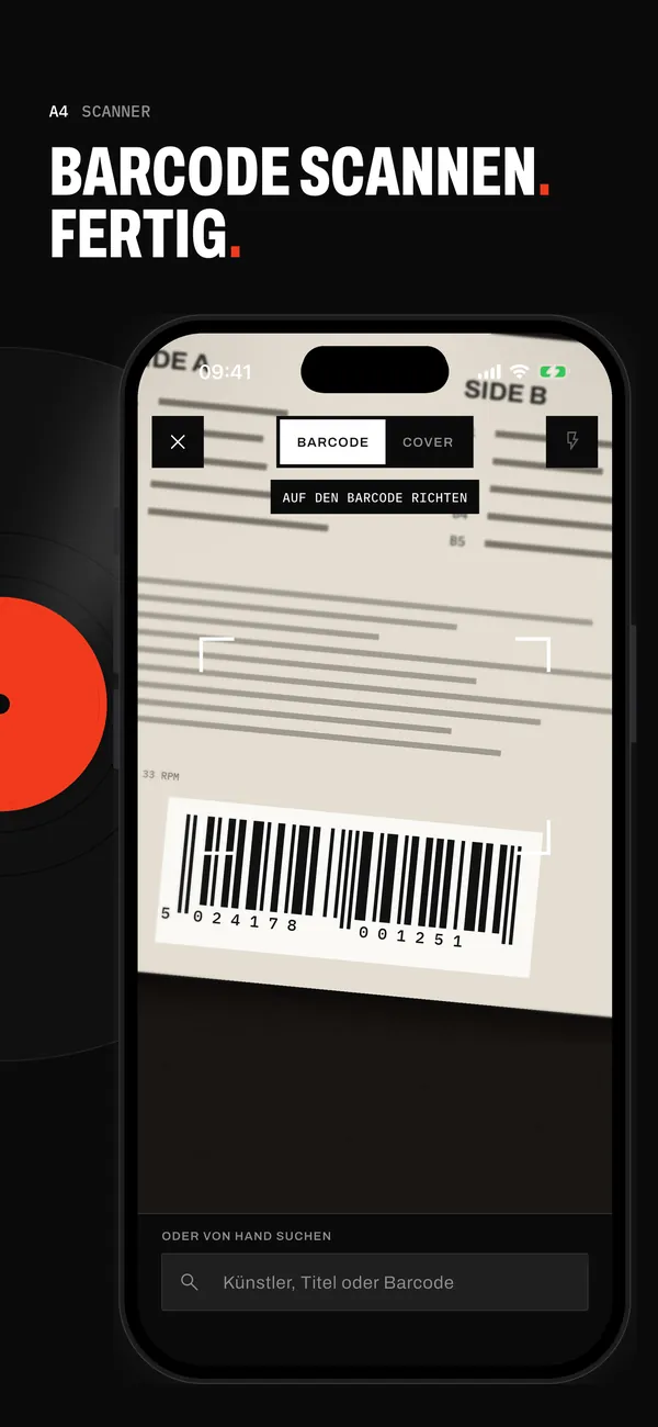 Der Scanner von Sleevewise im Barcode-Modus, der den Barcode auf der Rückseite einer Plattenhülle erfasst