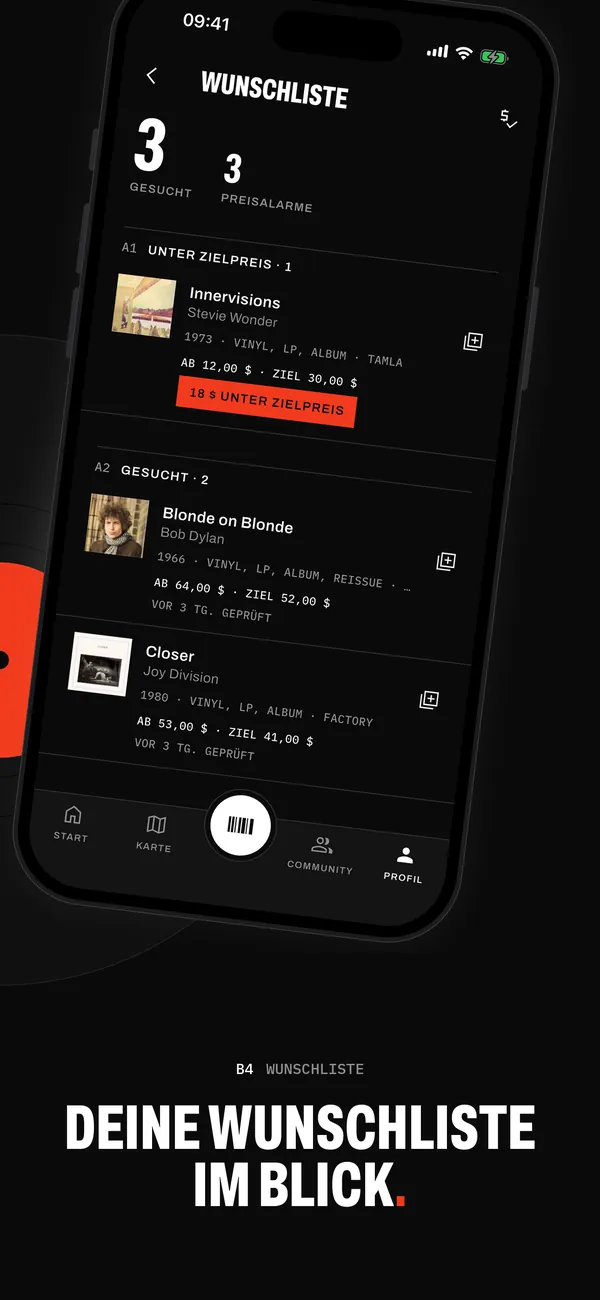 Die Wunschliste in Sleevewise: drei Platten mit Zielpreis, eine davon 18 $ unter ihrem Ziel gelistet