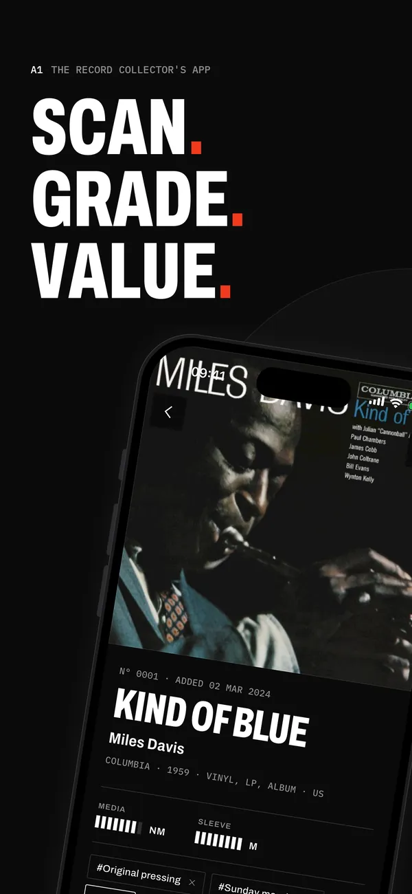 A record page in Sleevewise: Kind of Blue by Miles Davis, Columbia, 1959, graded NM for the record and M for the sleeve