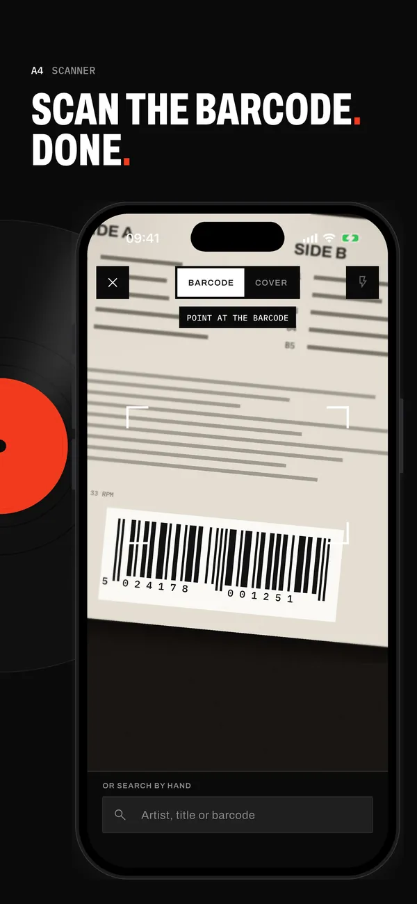 The Sleevewise scanner in barcode mode, framing the barcode on the back of a record sleeve
