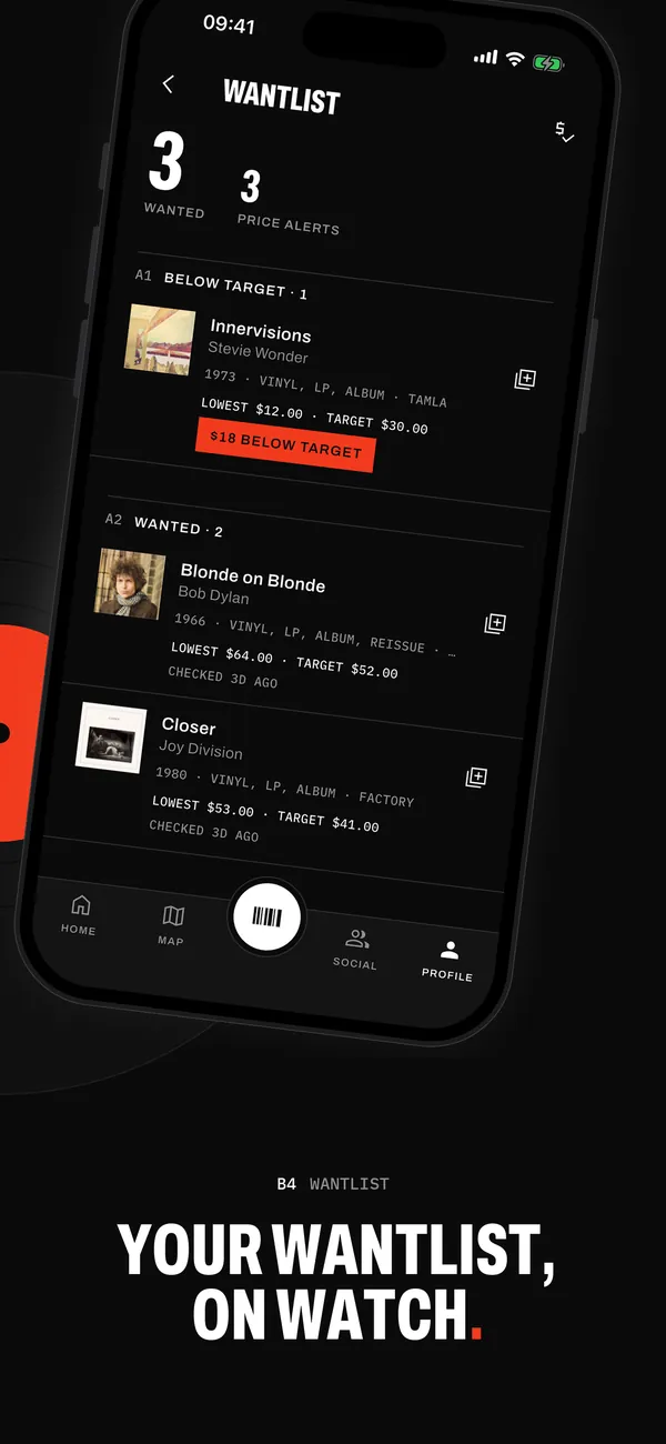 The wantlist in Sleevewise: three records with target prices, one listed $18 below its target