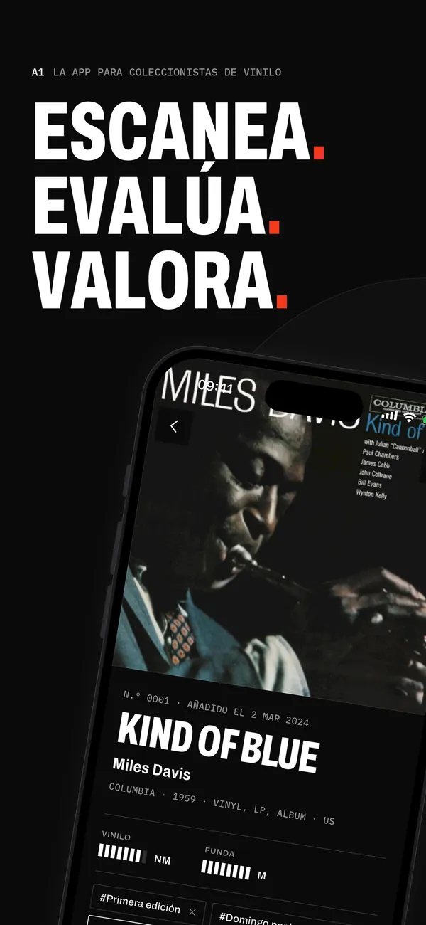 Ficha de un disco en Sleevewise: Kind of Blue de Miles Davis, Columbia, 1959, con NM para el disco y M para la funda