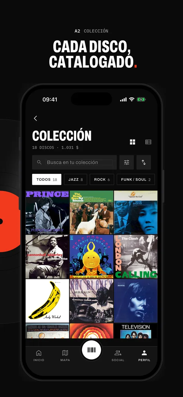 La colección en Sleevewise: 18 discos valorados en 1.031 $ en un muro de portadas, con búsqueda y filtros por género