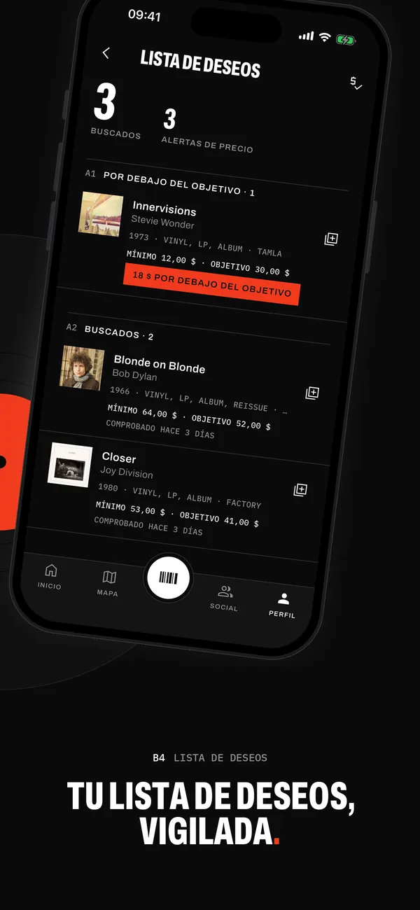 La lista de deseos en Sleevewise: tres discos con precio objetivo, uno a la venta 18 $ por debajo de su objetivo