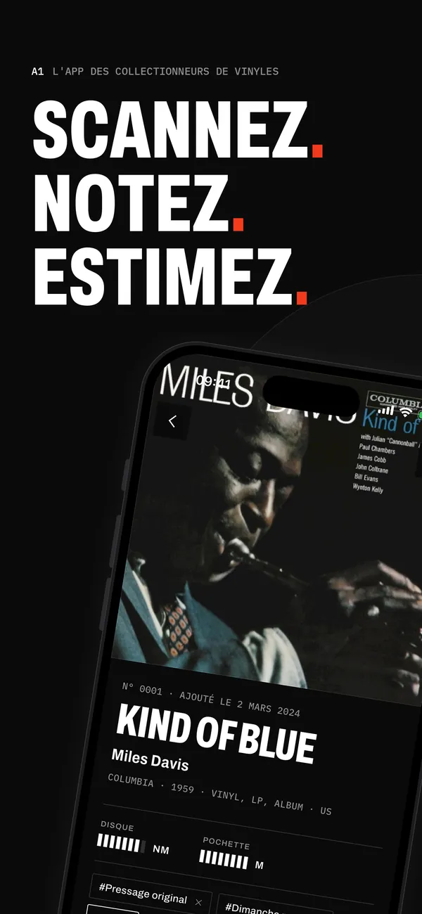 Fiche d’un disque dans Sleevewise : Kind of Blue de Miles Davis, Columbia, 1959, noté NM pour le disque et M pour la pochette
