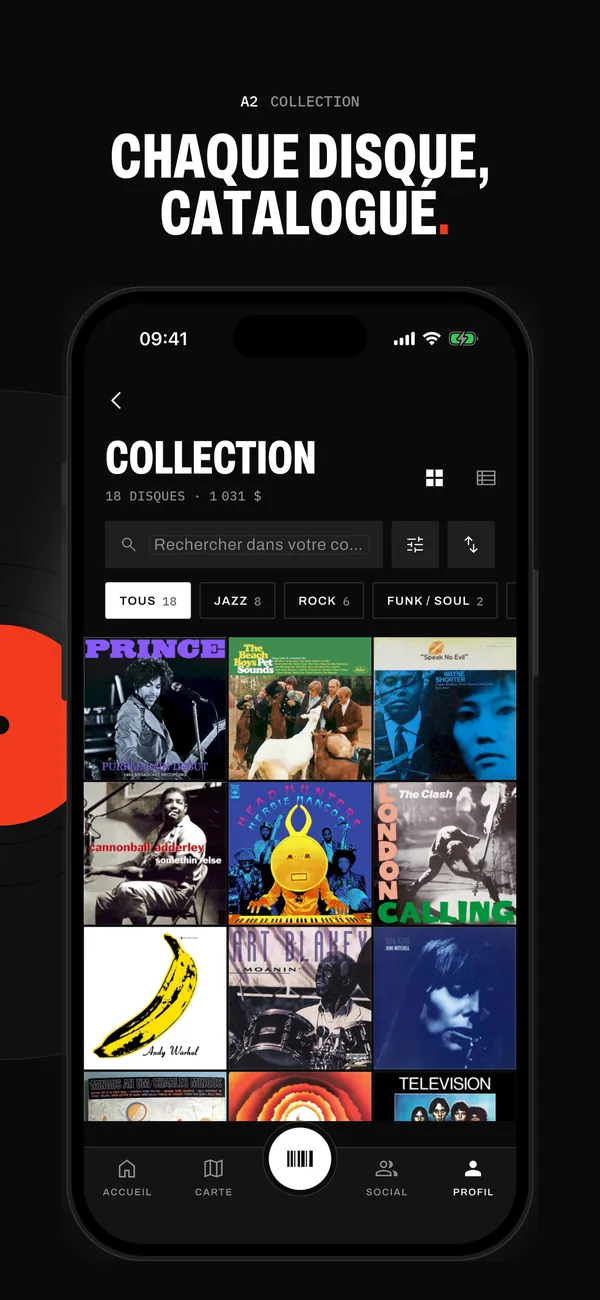 La collection dans Sleevewise : 18 disques d’une valeur de 1 031 $ en mur de pochettes, avec recherche et filtres par genre