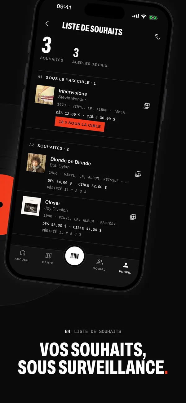La liste de souhaits dans Sleevewise : trois disques avec un prix cible, dont un proposé 18 $ sous son objectif